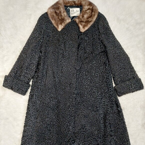 Vintage Malesi Furs Women's Black Luxury Curly Lamb Fur Coat Brown Mink Collar L - Picture 3 of 15